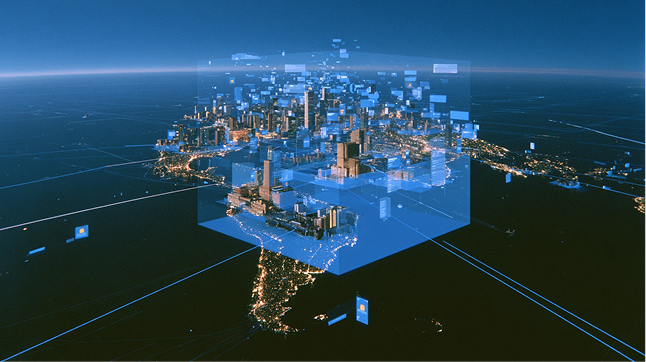 Two bank buildings connected by a glowing settlement rail across a global map