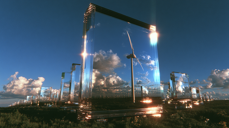 A wind turbine seen through a row of tall reflective glass panels, each one framing a fragment of the sky and clouds