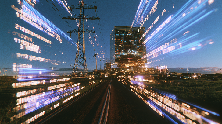 Night view of a city skyline with transmission towers and a wind turbine, streaked with glowing trails of blue and white light representing data flow