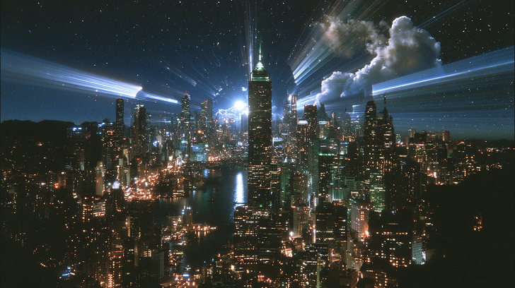 Aerial night view of a dense city skyline with a tall illuminated tower and streaks of light beams crossing the sky