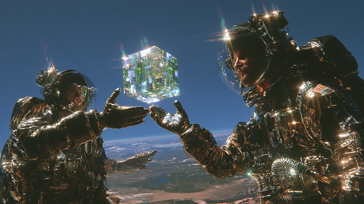 Two figures in reflective suits exchanging a glowing digital data cube above the Earth's surface