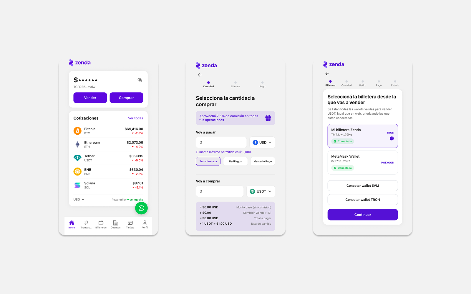 Three Zenda app screens: live quotes with buy and sell, choosing how much USDT to buy and paying by bank transfer, RedPagos or Mercado Pago, and picking which connected wallet to sell from