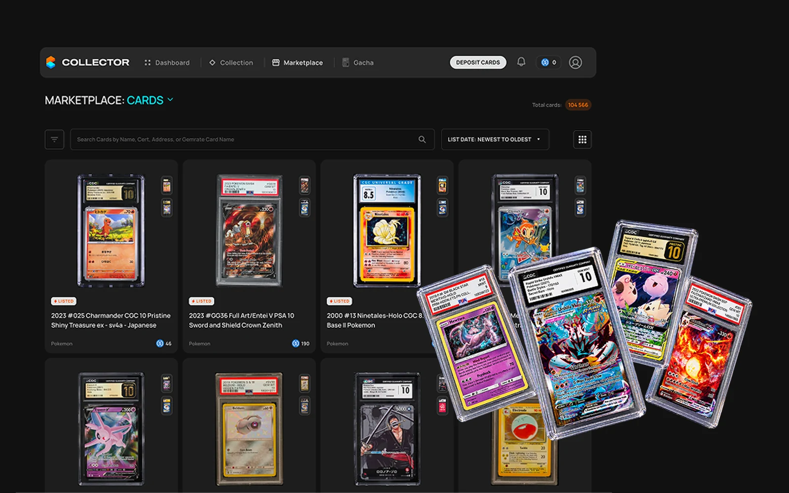 The Collector Crypt marketplace listing graded trading cards by certification and grade, with slabbed physical cards overlaid to show that each listing is a vaulted item