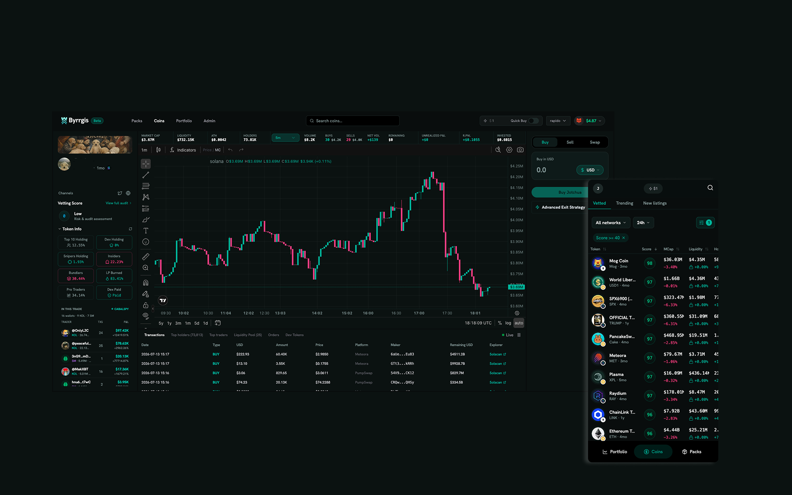 The Byrrgis terminal with a token's market data, vetting score and live transactions on the left, and buy, sell and swap in a single panel on the right