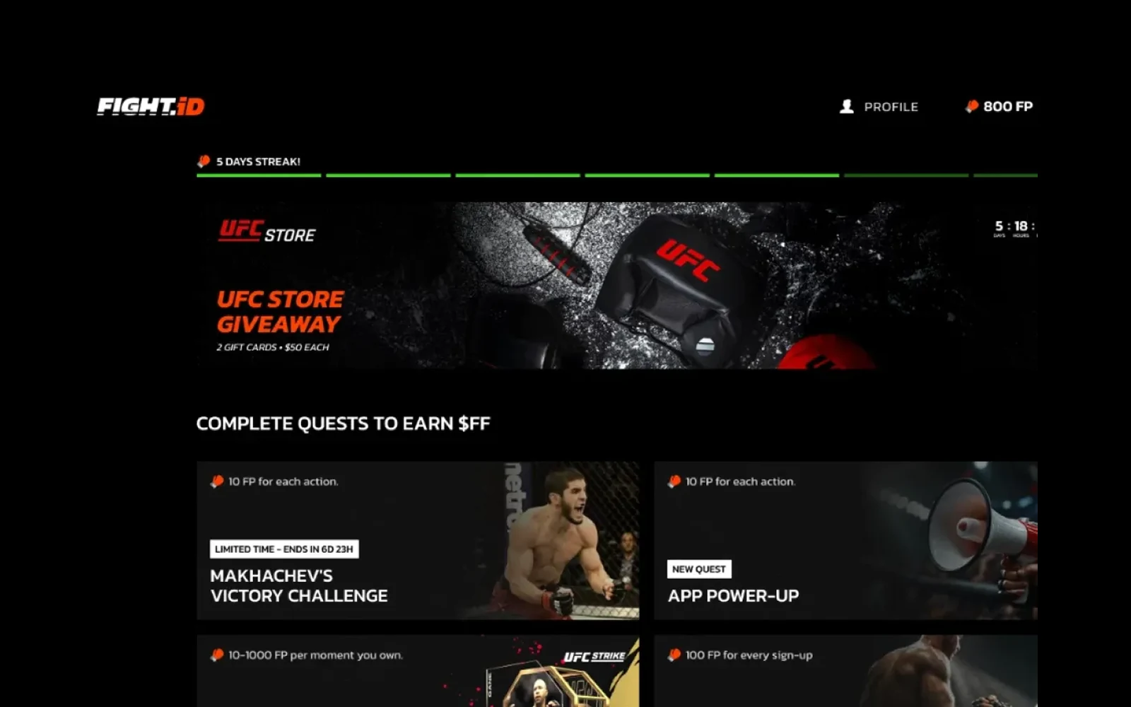 A fight fan engagement screen with a day streak, a points balance and quests to earn rewards, none of which asks the player to set up a wallet