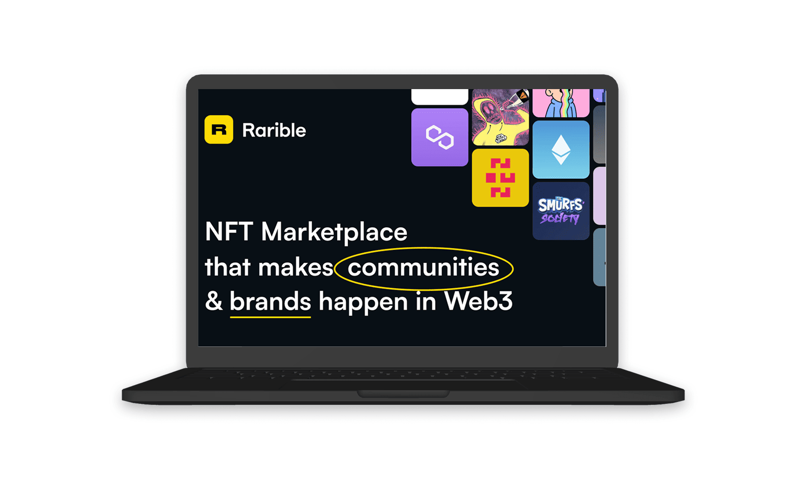 The Rarible marketplace on a laptop, headlined as an NFT marketplace that makes communities and brands happen in Web3, with collection artwork from several chains alongside