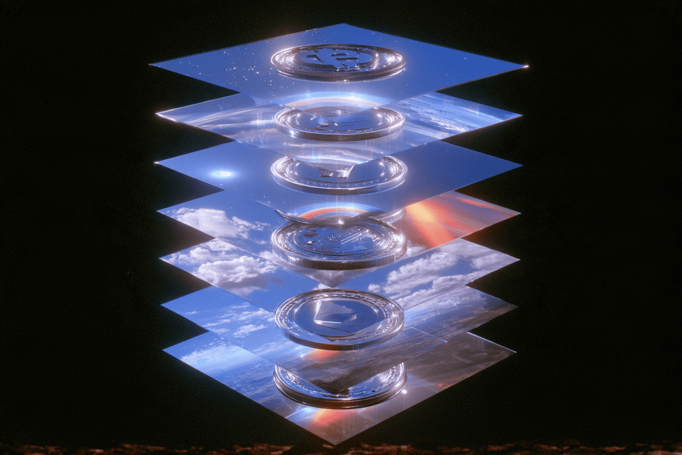 Seven translucent glass panels stacked vertically against a black background, each reflecting blue sky and clouds, with a silver coin floating above it