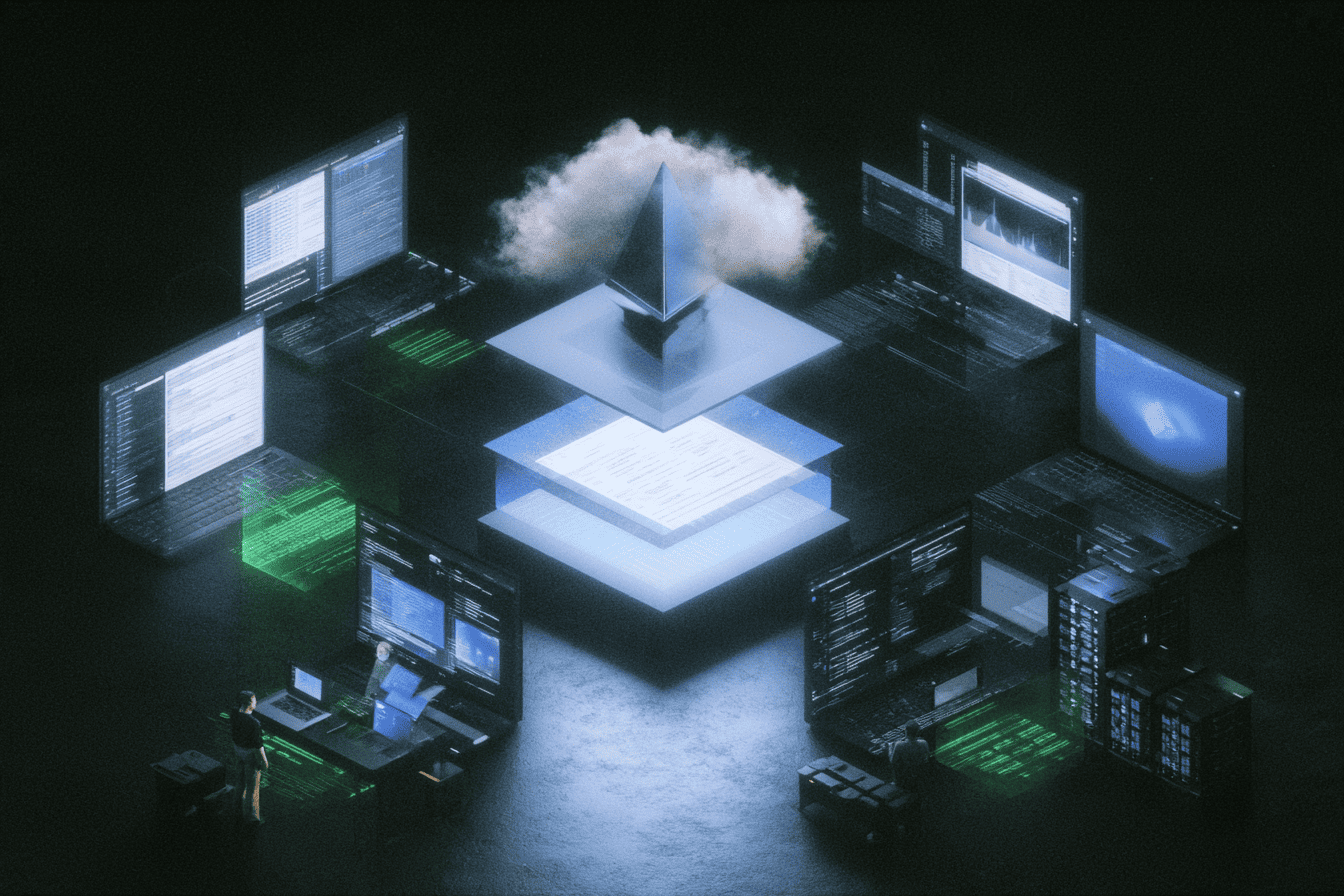 An isometric dark scene with a glowing platform at the center topped by a metallic Ethereum logo under a cloud, surrounded by laptops, monitors and server racks with green code glowing