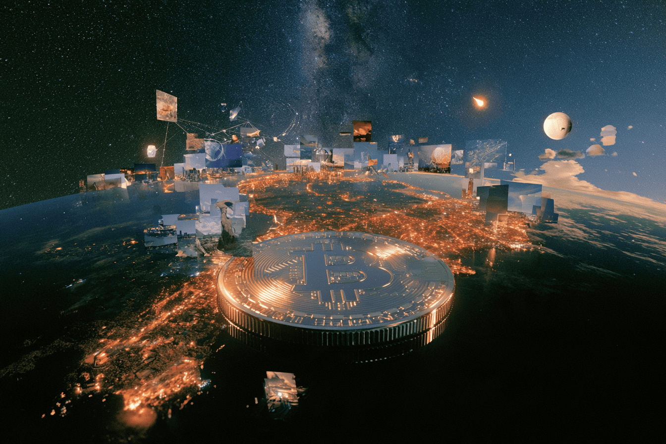 A large copper-coloured Bitcoin coin resting on the night-time Earth, glowing with orange city lights, with floating image panels and the Milky Way above