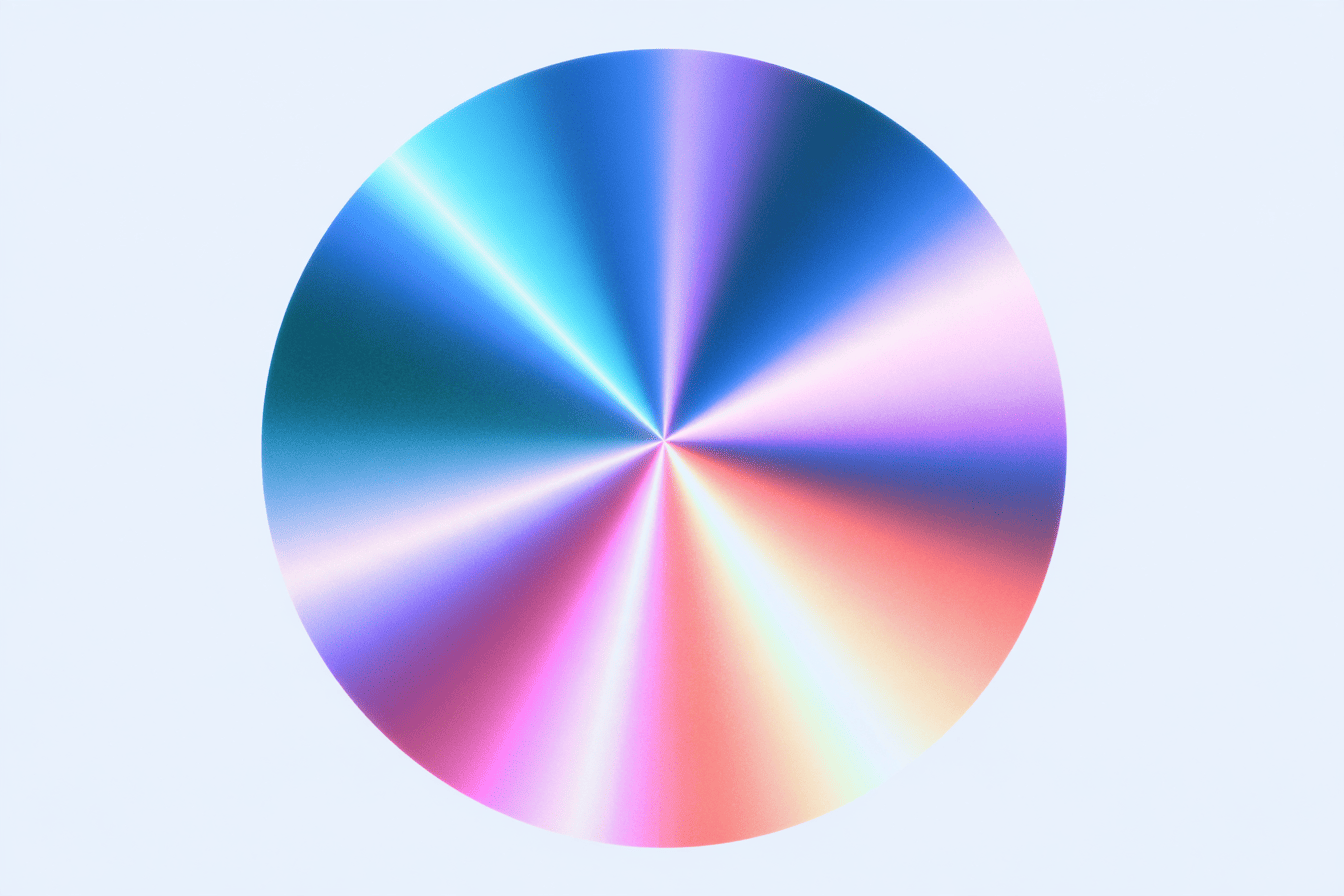 A holographic disc radiating fanned bands of rainbow light from its center