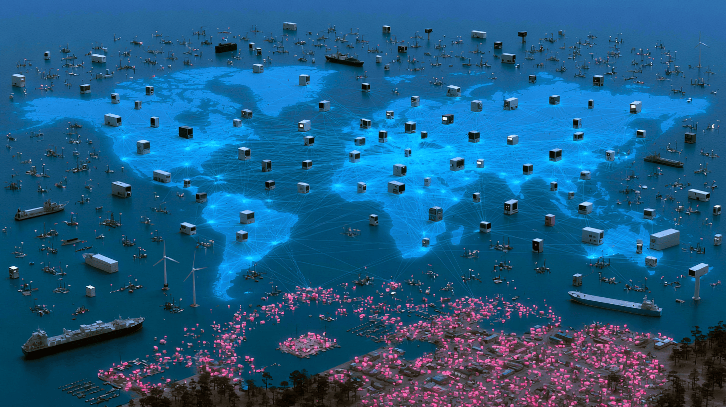 A large AI model powered by streams of energy converging from many small separate compute sources.
