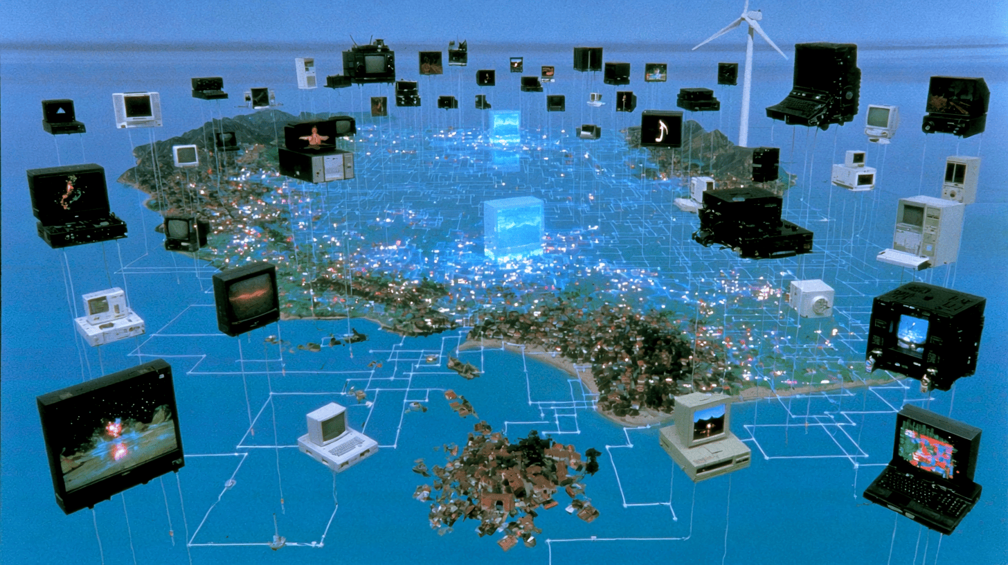 A network of individually owned devices, antennas, GPUs, and drives, linked across a map into shared infrastructure.