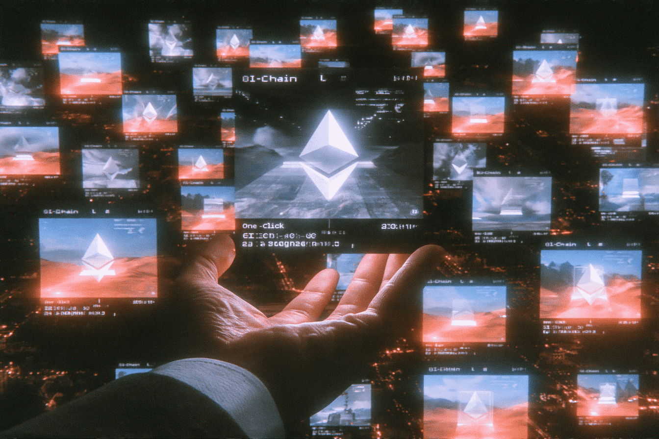 An open hand holding a glowing Ethereum logo panel, surrounded by dozens of smaller floating panels with the same logo against a dark night-time city