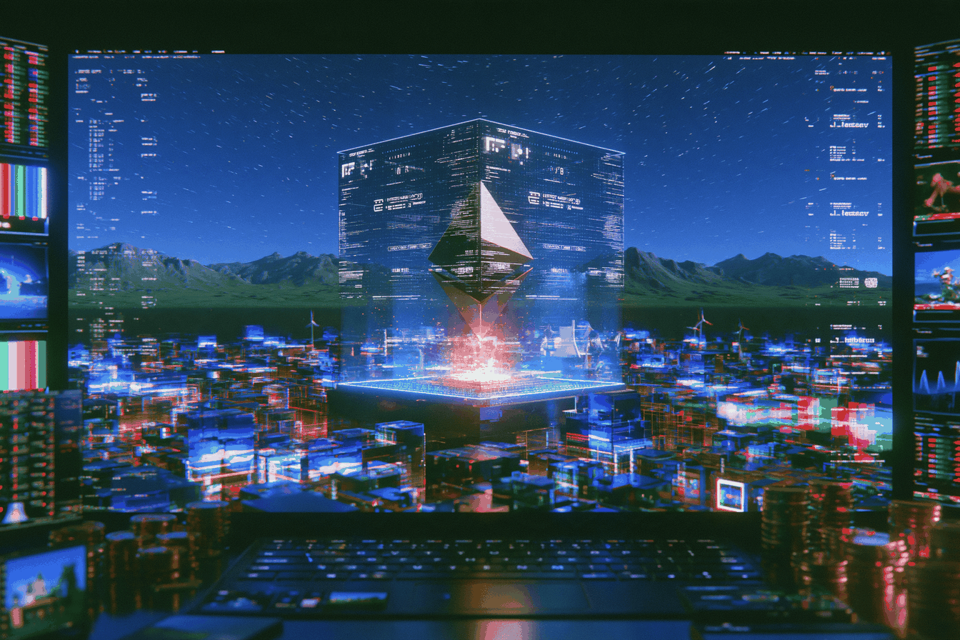A glowing translucent cube holding an Ethereum logo above a glowing platform, over a neon-lit city at night with trading screens and laptop keyboard in the foreground