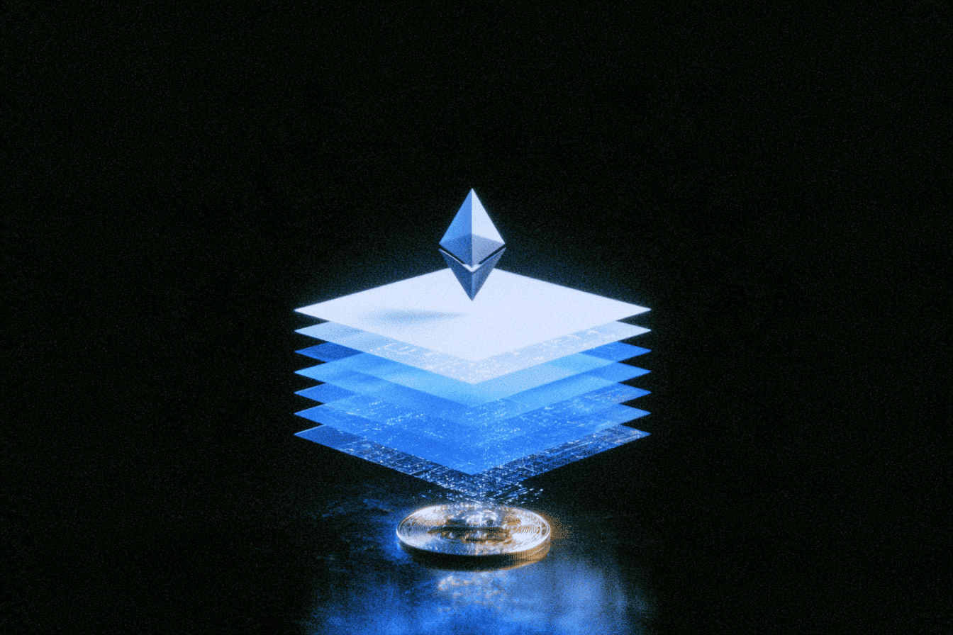 An Ethereum logo floating above six stacked glowing blue layers, with a gold coin resting on a dark reflective surface below