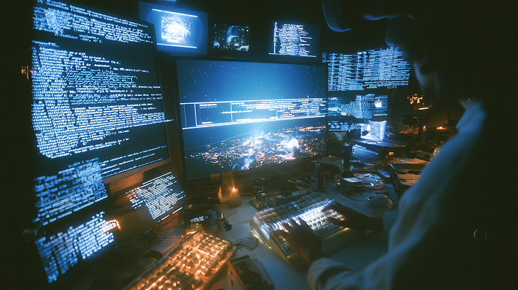 Engineer monitoring on-chain infrastructure across multiple screens