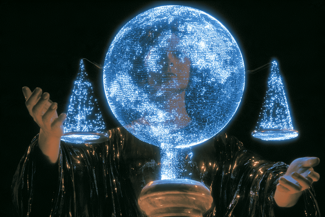 A robed figure holding glowing scales of justice, a luminous globe at the center, symbolizing US regulation balancing the Web3 market
