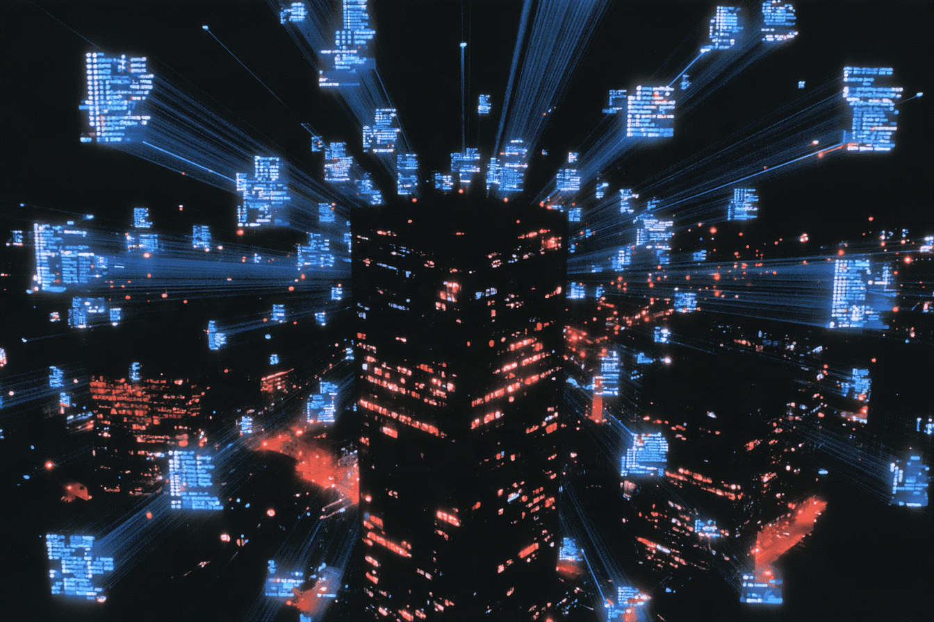 Streams of glowing data panels radiating from a city skyscraper at night, representing financial assets moving on-chain
