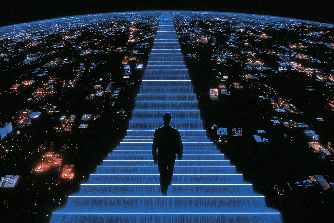 A person climbing a glowing blue staircase above a city at night, representing the steps to position a Web3 product before 2027